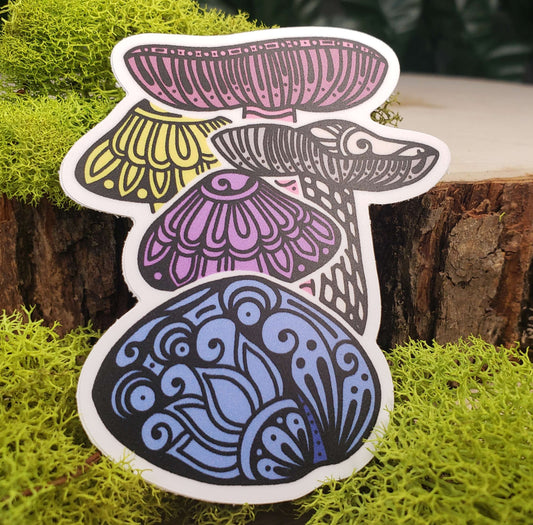 Sticker of pastel pink, yellow, purple, blue, and cream crimson wax cap mushrooms with stark black line art reminiscent of henna tattoo art. the sticker is sitting on moss and wood with ivy leaves in the background